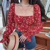 Estilo Nuevo Primavera, Otoño e Invierno 2025 Cuello Cuadrado Corbata Estilo Francés Elegante Mangas Abullonadas Camisa Floral Top de Manga Corta Larga para Mujer