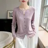 Cardigan de Tricô Gola V com Fio Floral Novo Outono/Inverno 2026 Manga Longa Feminino Base Torcida Canelada Camisa Top