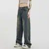 Jeans de Calle de Tres Postes Estilo Americano para Hombre Calle Retro Tendencia Marca Lavado Viejo Rudo Guapo Holgado Pierna Recta Pierna Ancha Pantalones