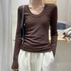Camiseta Top de Mujer con Cuello en U Roscado, Corte Slim Entallado, Adelgazante, Combinable con Todo, Estilo Francés, Principios de Otoño, Color Sólido, Cuello Bajo, Base de Clavícula