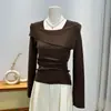 Elegante Camiseta de Punto con Hombros Descubiertos y Mangas Largas para Mujer, Moda de Primavera, Corte Ajustado, Camisa Básica Versátil, Top Único