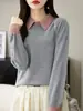 Suéter de Punto de Lana 100% de Manga Larga para Mujer, Color Bloqueado, Cuello Solapa, Moda Primavera, Elegante y Rejuvenecedor, Botón Único