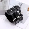 Pulseira Larga de Couro Dupla Camada Criativa e Personalizada com Três Correntes Ajustáveis, Pulseira Versátil, Acessório de Moda Popular Europeu e Americano