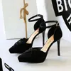 Sandalias de tacón alto estilo europeo para banquetes, tacón fino, punta fina, lazo, plataforma hueca impermeable, correa al tobillo