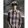 Camisa de manga longa xadrez tie-dye roxa Cleanfit, coleção de outono masculina, estilosa e com proteção solar, cardigã de frente aberta estilo americano