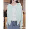 Cardigan de Punto de Manga Larga con Rayas Azul Suave Estilo Francés Nuevo Estilo Primavera 2026 Delgado Cuello Redondo Falso Dos Piezas Superior para Mujer