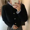 Novo Cardigã de Tricô com Renda Plissada de Fungo Preto Botão de Coração Francês Estilo Pequeno Cheiroso Design Sense Casaco Suéter Top