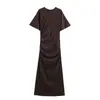 26 Verano Nuevo Color Sólido Casual Estilo Europeo y Americano Para Mujer Ajustado Moda Plisado Vestido Largo Manga Corta