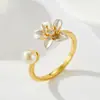 Anillo Abierto de Flor Abierta con Goteo de Aceite Estilo Hada Suave Anillo Ajustable para Dedo Índice Perla de Imitación Fresco y Dulce Nuevo Anillo