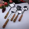 Espátula de acero inoxidable con veta de madera, cuchara para sopa, espátula para freír, cuchara para arroz, grande, con fugas, juego de cinco piezas, espátula para cocinar, cuchara, utensilios de cocina, espátula para cocinar