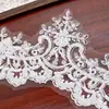 Punhos de vestido de renda de malha transparente ondulada branca de 12 cm para mulheres, bordado com tubo de contas, cordão de osso, renda para vestido de noiva, personalizável