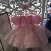 Vestido de Princesa Rosa con Lentejuelas para Niñas, Nuevo Producto de Verano, Mangas Abullonadas Infantiles, Lindo y Dulce Vestido Tutú de Cumpleaños