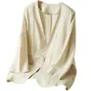 Blazer de Lino para Mujer 2026 Principios de Otoño Nuevo Artístico Retro Holgado Cuello en V Sencillo Sin Botones Top