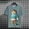 Estação Internacional Teum Camiseta de Moda de Verão Transfronteiriça Europeia e Americana com Estampa Divertida de Gato Gordo Masculina Gola Redonda Versátil Manga Curta