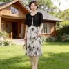 Vestido de Verão Duas Peças da Moda para Mulheres de Meia-Idade, Elegante e Emagrecedor, Vestido Curto Acima do Joelho com Manga Curta
