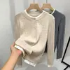Tricô de Gola Redonda para Mulheres 2025 Nova Roupa Feminina Tricô Felpudo com Falsa Corrente Contrastante Estilo Coreano Top Jaqueta com Botões na Cintura