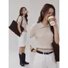 Blusa de Tricô Retrô Francês com Fio de Seda Gelada, Manga Curta, para Mulheres, Verão, High-End, Afinando a Cintura, Cintura Marcada, Ombro Reto, Blusa Fina