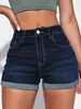 Shorts Jeans Feminino, Estilo Americano, Azul Escuro, Elástico, Slim Fit, Versátil, Shorts Jeans Casual, Adequado para Primavera e Verão