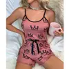 Conjunto de Pijama para Mujer Tallas Grandes Estilo Europeo y Americano Cruzado de la Corona Camisola Estampada Camisón Ropa de Casa Delgada Conjunto Simple Casual