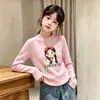 Camada Base Térmica Feminina com Interior Aconchegante Penteado Camiseta de Manga Longa com Gola Redonda Infantil Estilo Novo Outono Inverno Top Casual Versátil