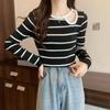 Blusa de Tricô Listrada de Manga Longa para Mulheres, Outono e Inverno 2026, Design Único, Vazada, Modelagem Justa, Top Curto Versátil