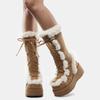 2026 Nuevo Modelo de Comercio Exterior Botas de Nieve Redondas con Cuña y Cordones con Piel, Botas Altas Góticas con Cordones y Tacón Grueso, Botas Largas Góticas de Suela Gruesa