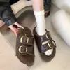 Zapatillas peludas de moda con doble tira y suela gruesa para mujer, nuevo modelo de otoño 2026, sandalias tipo mule peludas cómodas para usar en exteriores