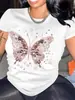 Camiseta Estampada de Desenho Animado com Laço Feminina - Top Casual de Gola Redonda com Manga Curta, Primavera e Verão, Lavável à Máquina, Poliéster Algodão