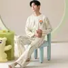 Pijama de Algodão Puro Listrado para Homens, Manga Longa, Calça Longa, Estampa de Desenho Animado, Pode Ser Usado Fora de Casa, Novidade Outono 2026 Homewear