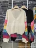 Suéter Cardigan Novo de Outono e Primavera Estilo Preguiçoso Macio Waxy Contraste Design de Nicho Feminino Senso de Design Top Longo Arco-Íris Tendência