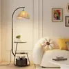 Sofá de sala de estar armazenamento lateral luminária de chão estilo retrô corda de cânhamo estilo meados do século cor de nogueira quarto criado-mudo integrado luminária vertical