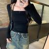 Tiro Real # Camiseta Cuadrada de Manga Larga para Mujer, Nuevo Estilo Primavera 2025, Top Base Único y Exquisito con Cuello Halter y Atado.