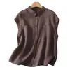 Camisa de Verano Artística Vintage Nueva de Algodón y Lino para Mujer, Camisa Elegante de Color Sólido con Cuello de Solapa, Top Ligero Versátil