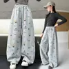 Pantalones de chándal grises para niños con estampado de gato tipo graffiti dibujado a mano, nuevo estilo de otoño para niñas, cintura elástica con cordón, pantalones casuales curvos