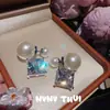 Joyas Sirena Pluma Piedra Preciosa Perla Pendientes Banquete Couture Diamante de Alto Quilate Brillante Perla Pendientes de Doble Uso