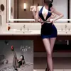 Yilele Lingerie Sexy Serviço Aeromoça Uniforme que Marca o Quadril Sedutor Sexy para Seios Pequenos Camisola Conjunto de Saia Curta que Marca o Quadril para Mulheres