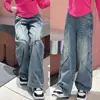 Calça Jeans Feminina Primavera e Outono 2026 Novo Estilo Coreano Moda Calça Wide Leg para Crianças Maiores, Jeans da Moda para Outono Comprimento Total