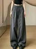 Pantalones casuales de pierna ancha color gris oscuro estilo coreano para mujer, nuevo modelo verano 2026, holgados, adelgazantes, ligeros de seda de hielo, pantalones casuales