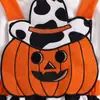 Traje de Halloween para Niñas de Comercio Exterior Top de Color Sólido con Mangas Abullonadas Overol con Estampado de Vaca y Calabaza Diadema Juego de Tres Piezas