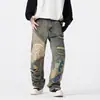 Jeans de pierna recta estilo japonés, de moda callejera, corte holgado, únicos y modernos, rotos, estampados, de pierna ancha, en color azul vintage, en stock, versión coreana, pintados a mano.
