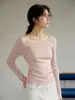 Suéter de punto de lana de manga larga estilo francés GINNEE para mujer, capa base de otoño, top azul de un solo hombro