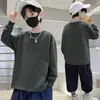 Camiseta de Manga Longa 100% Algodão para Meninos Outono Crianças Solta Gola Redonda Média e Grande Camiseta Básica para Meninos Roupas Casuais para Crianças