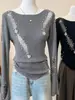 Suéter Rasgado com Contas Estilo Francês para Mulheres, Camisa Básica Tricotada com Manga Sino para Outono e Inverno com Top Irregular Ajustável na Cintura