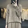 Suéter de Tricô Crochê Vazado Gola Redonda 100% Lã Outono/Inverno 2026 Solto Casual Roupa de Trabalho Malharia Elegante Feminina Manga Longa