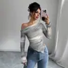 Top de Renda Tie-Dye Assimétrico no Ombro Estilo Europeu e Americano para Mulheres, Corte Justo, Estilo Sexy, Camiseta Base de Manga Longa Tie-Dye sem Ombro