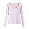Camisa Básica de Algodão Penteado para Mulheres, Novo Estilo de Outono, Camiseta de Manga Longa com Gola U, Modelagem Justa, Versátil, Top Interno Simples de Cor Lisa