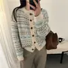 Elegante cárdigan de punto jacquard vintage con cuello redondo para mujer, abrigo suéter Fair Isle engrosado de un solo pecho de otoño e invierno, corte holgado