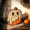 Enfeite de madeira de abóbora de Halloween vintage desgastado, múmia Frankenstein decoração de mesa de Halloween placa de madeira