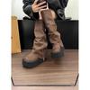 Botas de Caballero Marrones de Caña Alta Adelgazantes que Aumentan la Altura 2025 Nuevo Estilo Dulce Fresco Chica Picante Punta Ancha Suela Gruesa Botines para Mujer