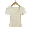 Estilo Francés Sexy Ajustado Elástico Ceñido Top Corto Mujer Deseo Puro Cuello U Grande Cintura de Relojería con Hilo Camiseta de Manga Corta